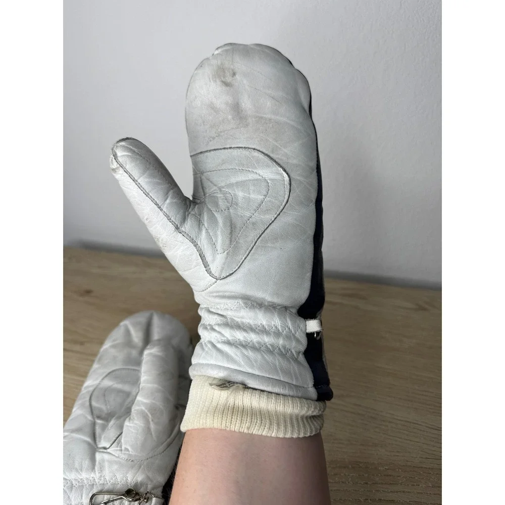 Vintage Aris Leather Ski Mittens Womens Medium White‎ Navy Blue Softan Japan